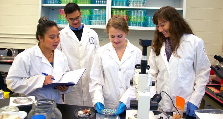 photo of Rochman in lab with students