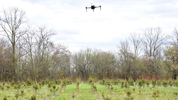 Photo of drone surveying forest'