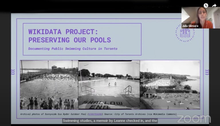 Zoom screenshot shows archival photos of Toronto swimming pools. Text says "Wikidata project: preserving our pools. Documenting public swimming culture in Toronto"