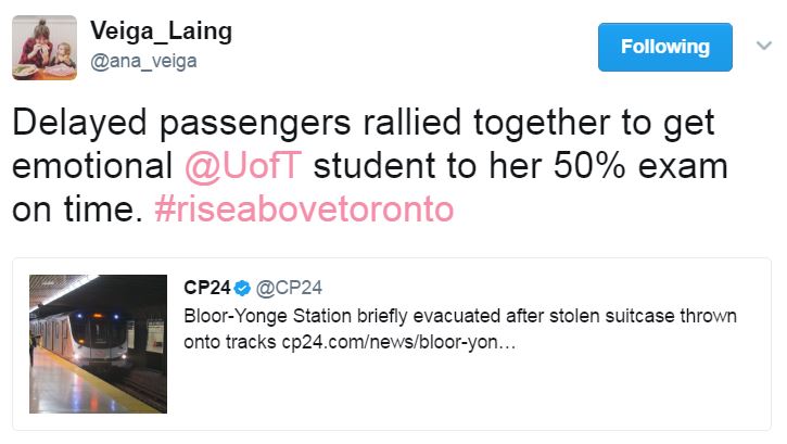 Tweet about delay on TTC and helping a U of T student get to final exam