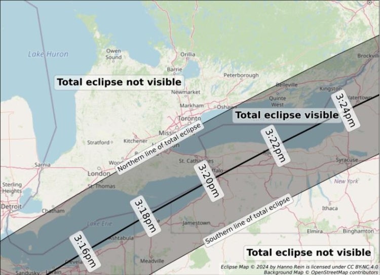 Map showing the path of the eclipse through souhern ontario