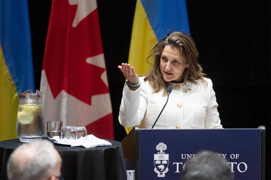 Chrystia Freeland speaks at a podium