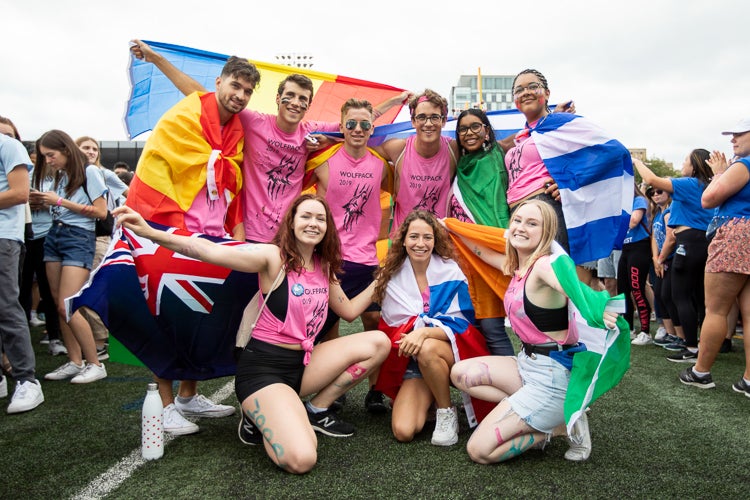 Students from Woodsworth College during the cheer-off in Varsity Stadium at the University of Toronto