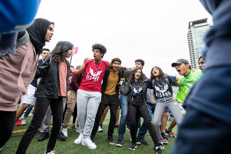 Students from University of Toronto Scarborough during the cheer-off in Varsity Stadium at the University of Toronto