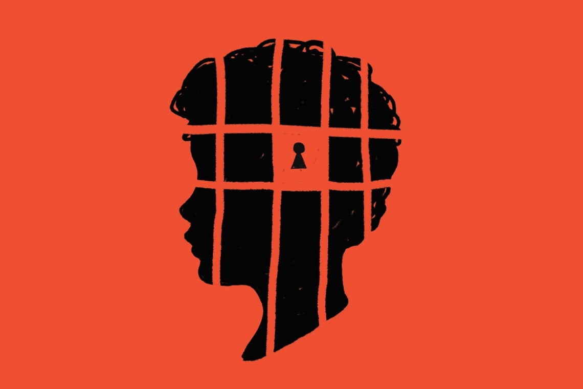 A graphic of a child silhouette with a cage and lock