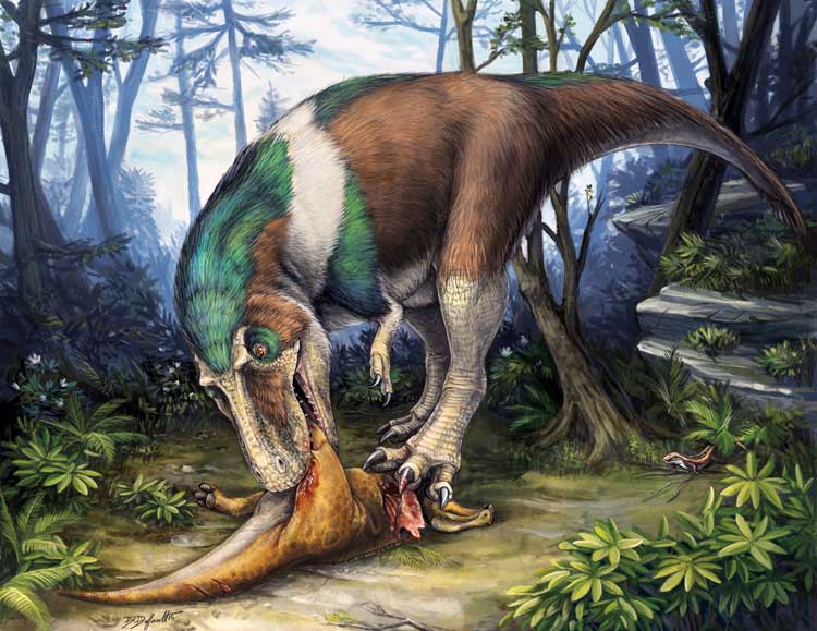 artist's rendering of a theropod eating a smaller dinosaur