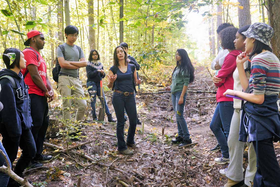 photo of professor and students in forest
