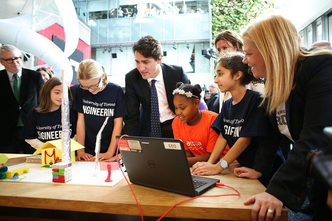Photo of Trudeau with young U of T Engineering Outreach students