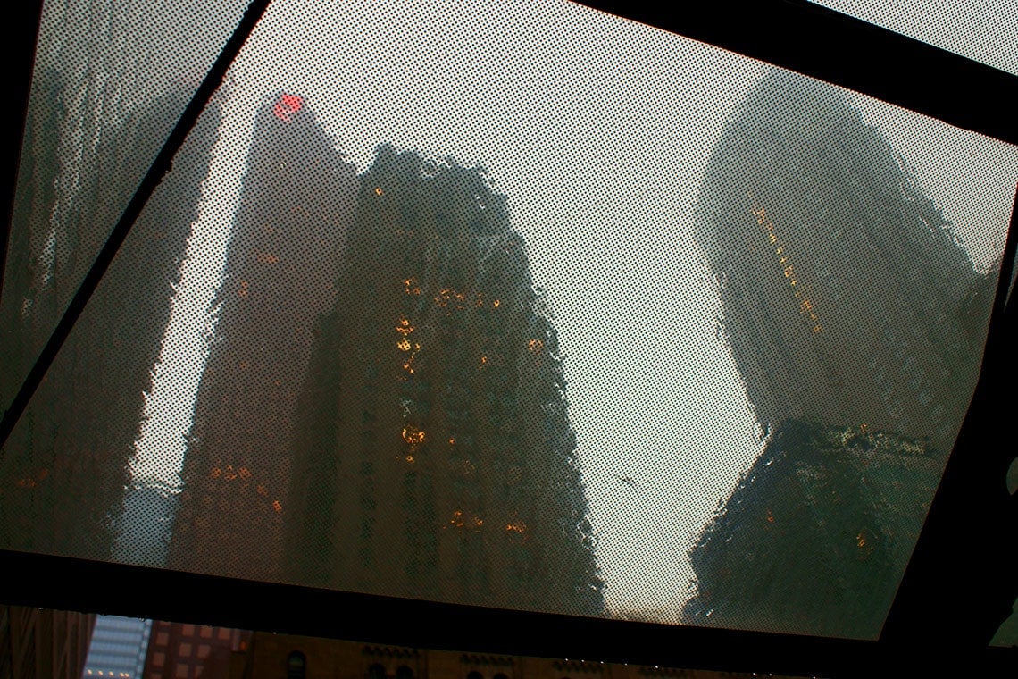 Photo of office buildings in the rain