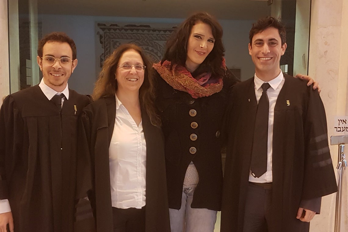 From left to right, Ido Katri at Israel's Supreme Court earlier this year with attorneys Hagai Kalai and Haya Erez, for the case of Doreen Bilia (third from left), a transgender woman who was held in solitary confinement in a men's prison 