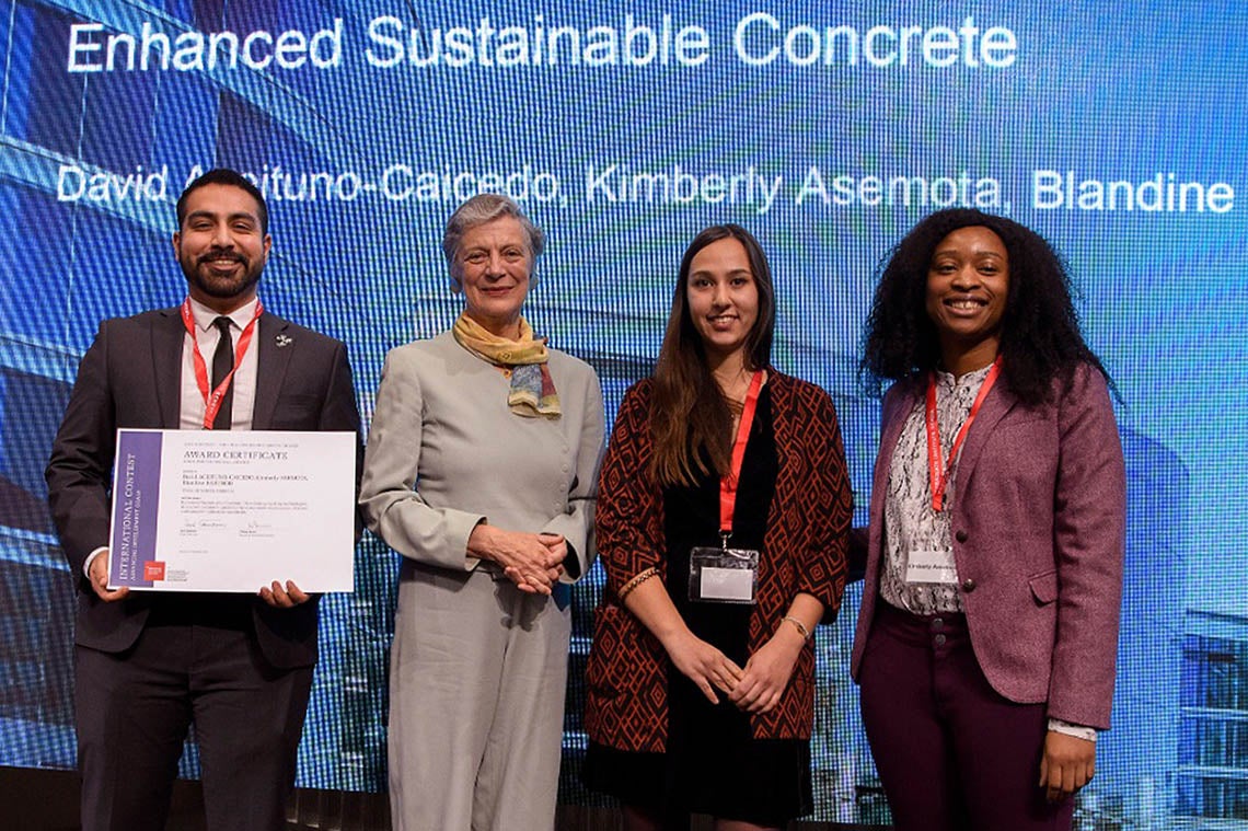 Kimberly Asemota (far right), Blandine Barthod (right) and David Aceituno-Caicedo (left) receive the SDSN Youth Special Prize in Geneva from Nane Annan, a lawyer and wife of the former UN secretary general 