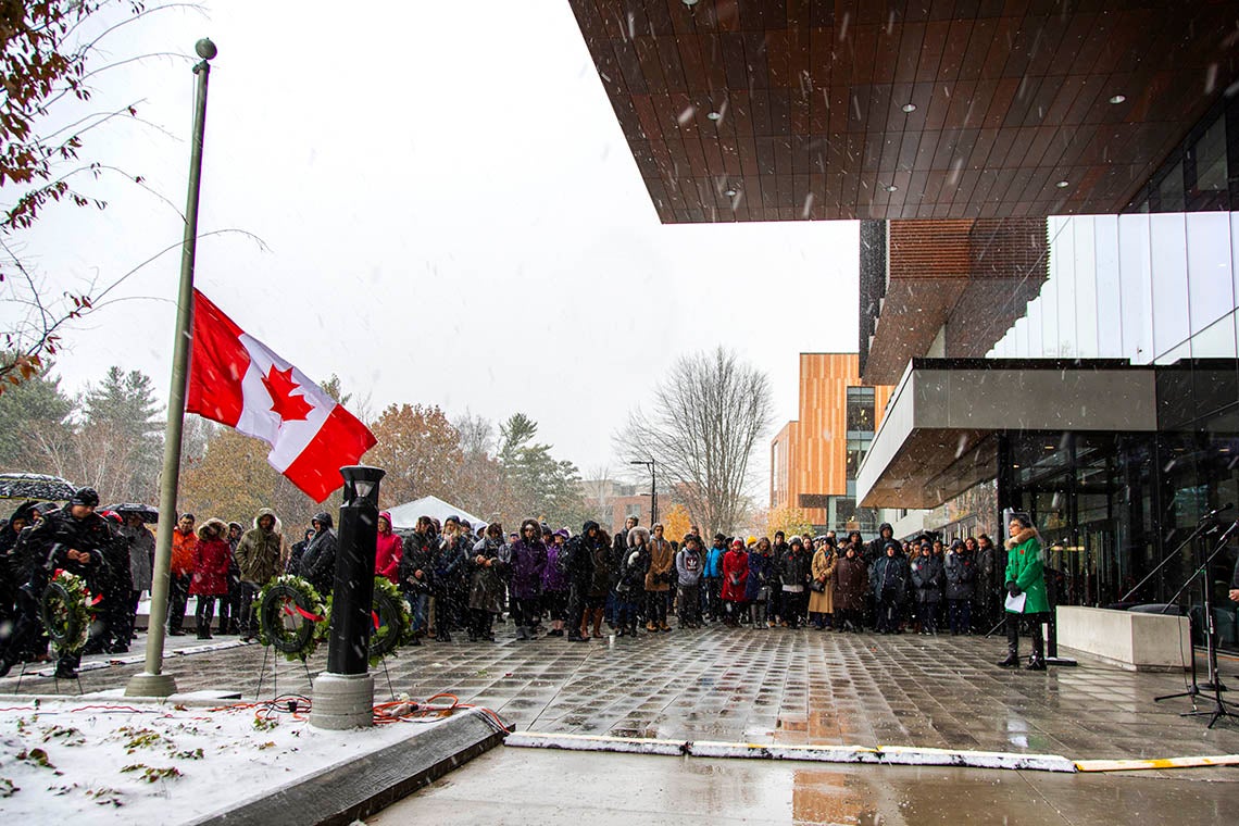Snow fall during the UTM 2019 remembrance day ceremony outside the Maanjiwe nendamowinan building