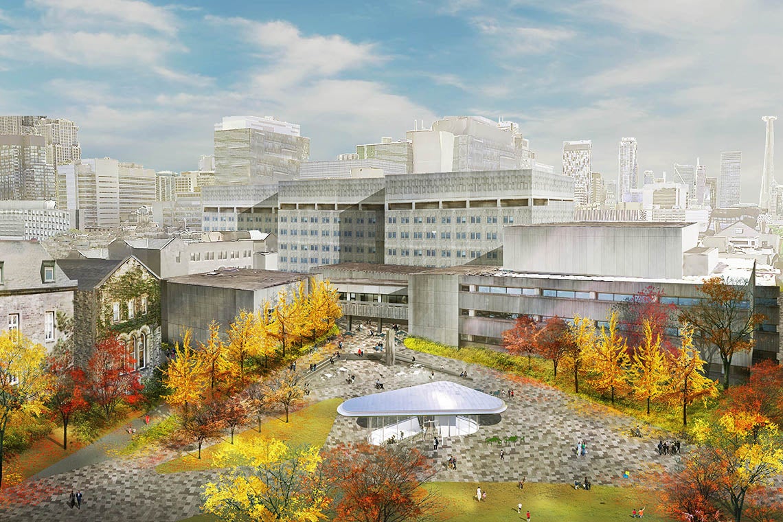 rendering of an aerial view looking towards the med sci building showing how the landmark project will look