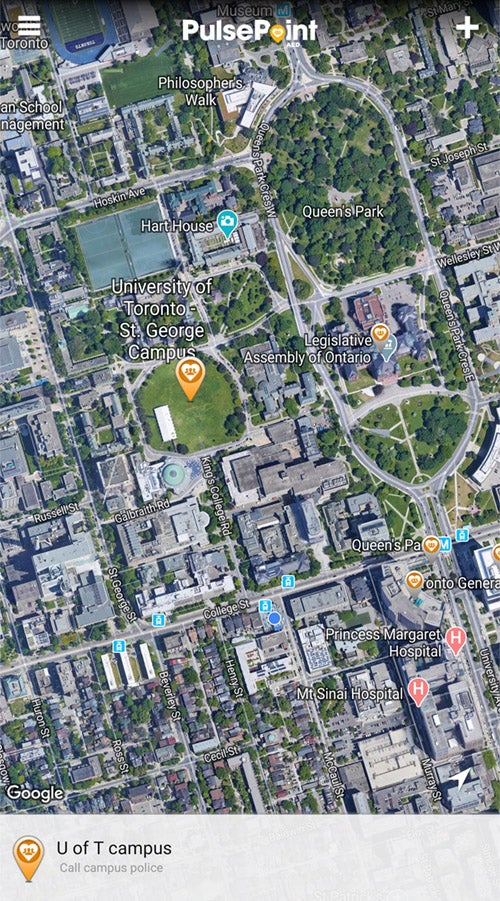 screenshot of the pulsepoint aed app showing a map of the downtown toronto u of t campus and surrounding area