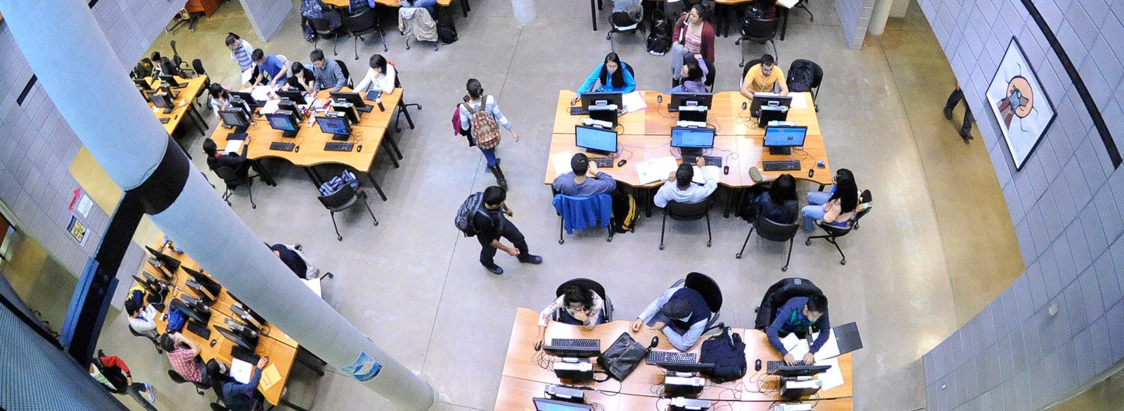 Aerial view of students sitting at tables at UTSC.