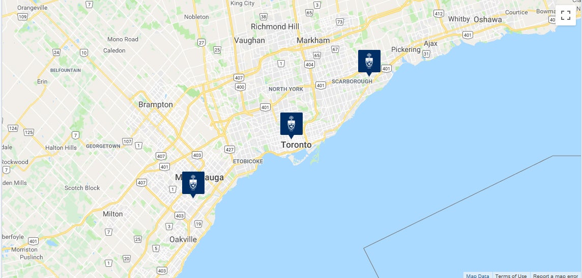 A map of Toronto displaying the location of U of T's three campuses.