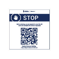 An illustration of a sign with "STOP" and a QR code