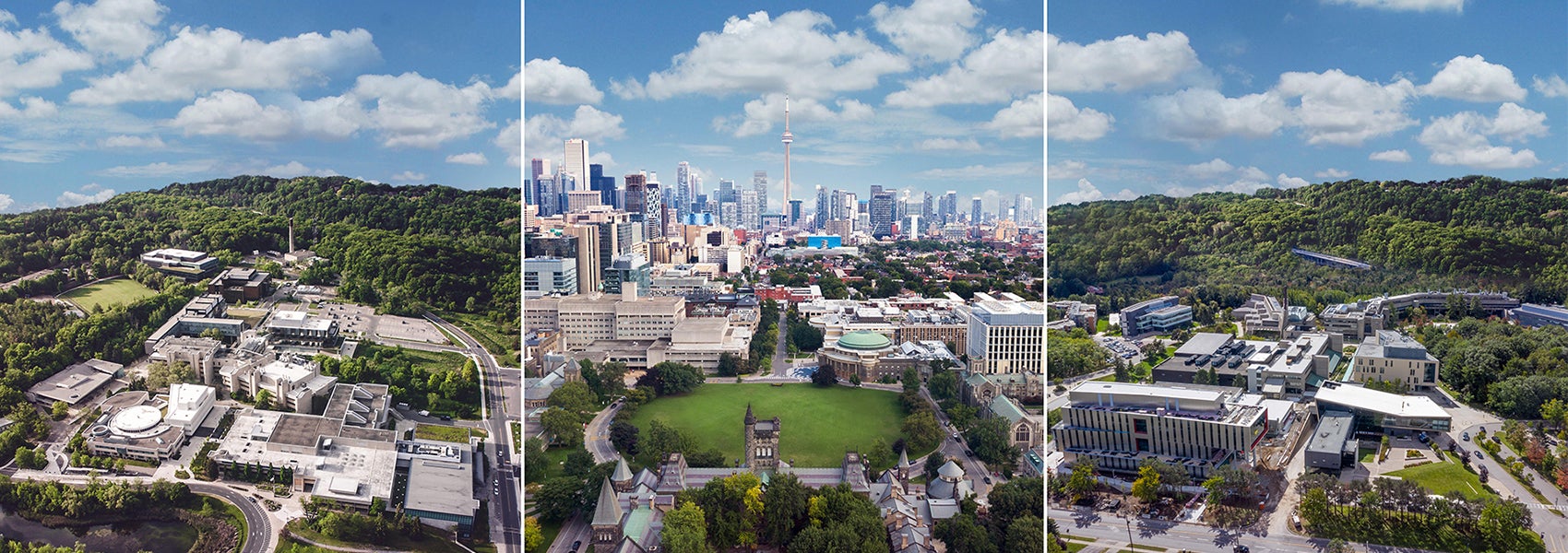 Three aerial shots of the UTM, St. George and UTSC campuses.