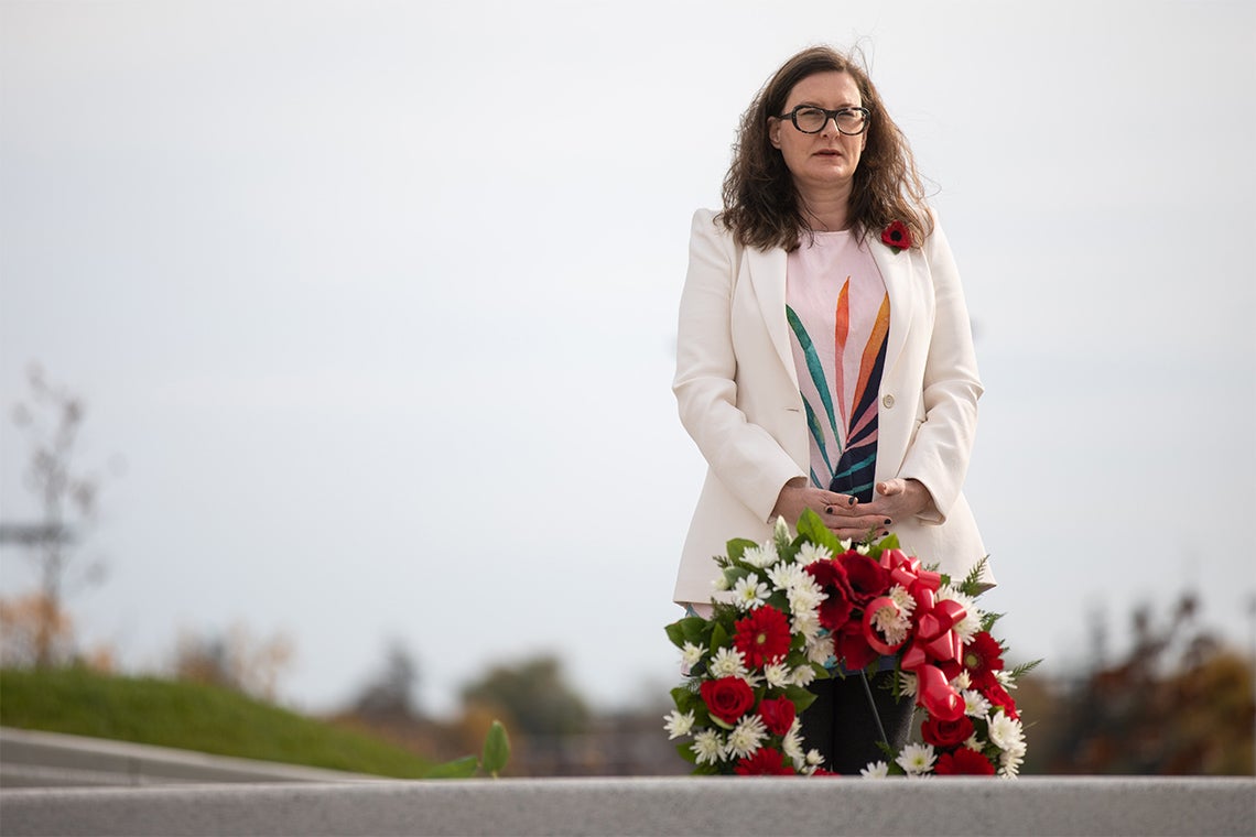 Alexandra Gillespie, vice-president and principal of U of T Mississauga, took part in a virtual Remembrance Day ceremony that was streamed online (photo by Nick Iwanyshyn)
