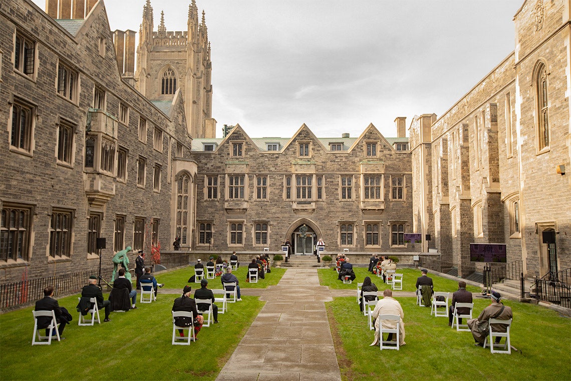 A virtual Remembrance Day ceremony was filmed at the Hart House quadrangle on the St. George campus while maintaining physical distancing protocols (photo by Johnny Guatto)