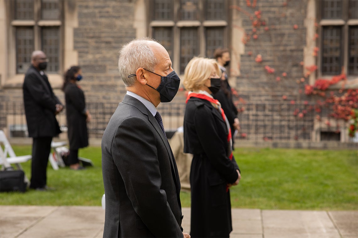 U of T President Meric Gertler and Chancellor Rose Patten at the Remembrance Day ceremony on the St. George campus (photo by Johnny Guatto)