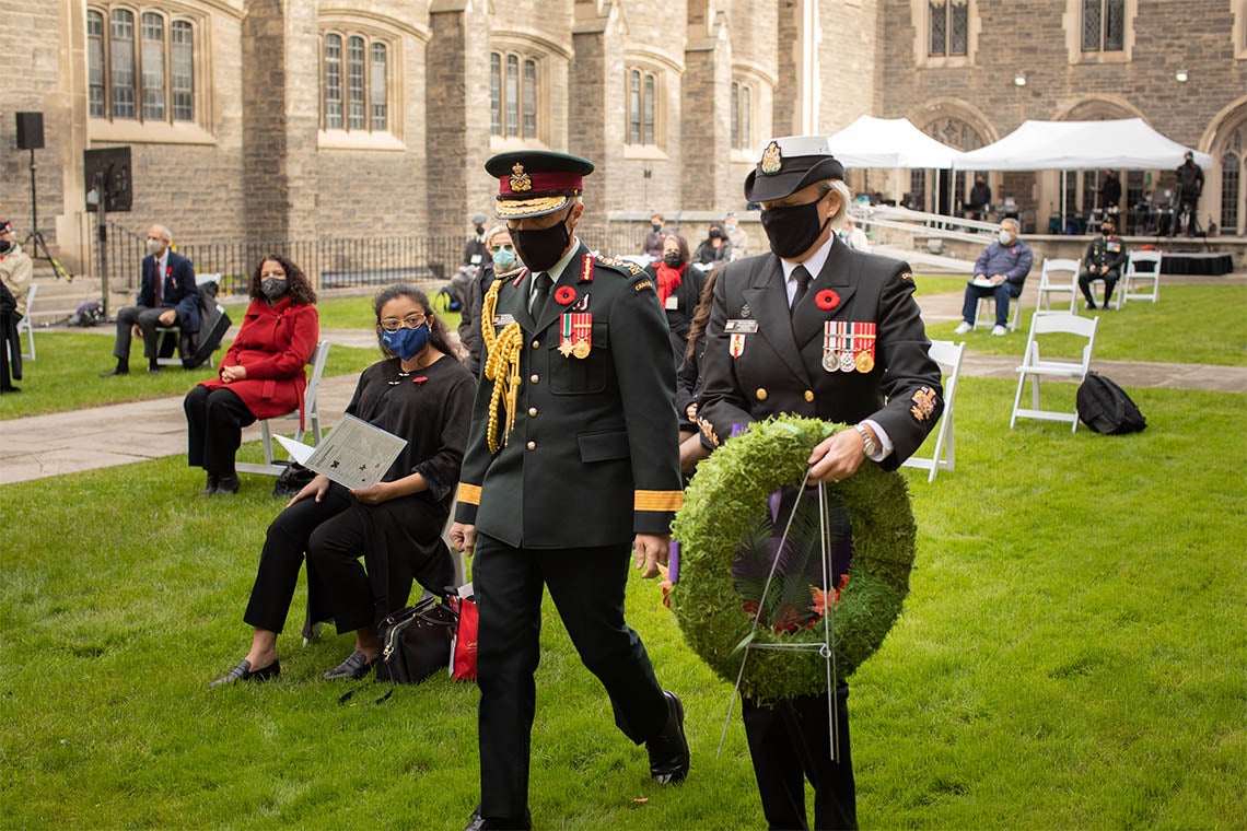 Members of the Canadian Armed Forces lay a wreath at the ceremony that was livestreamed from Hart House (photo by Johnny Guatto)