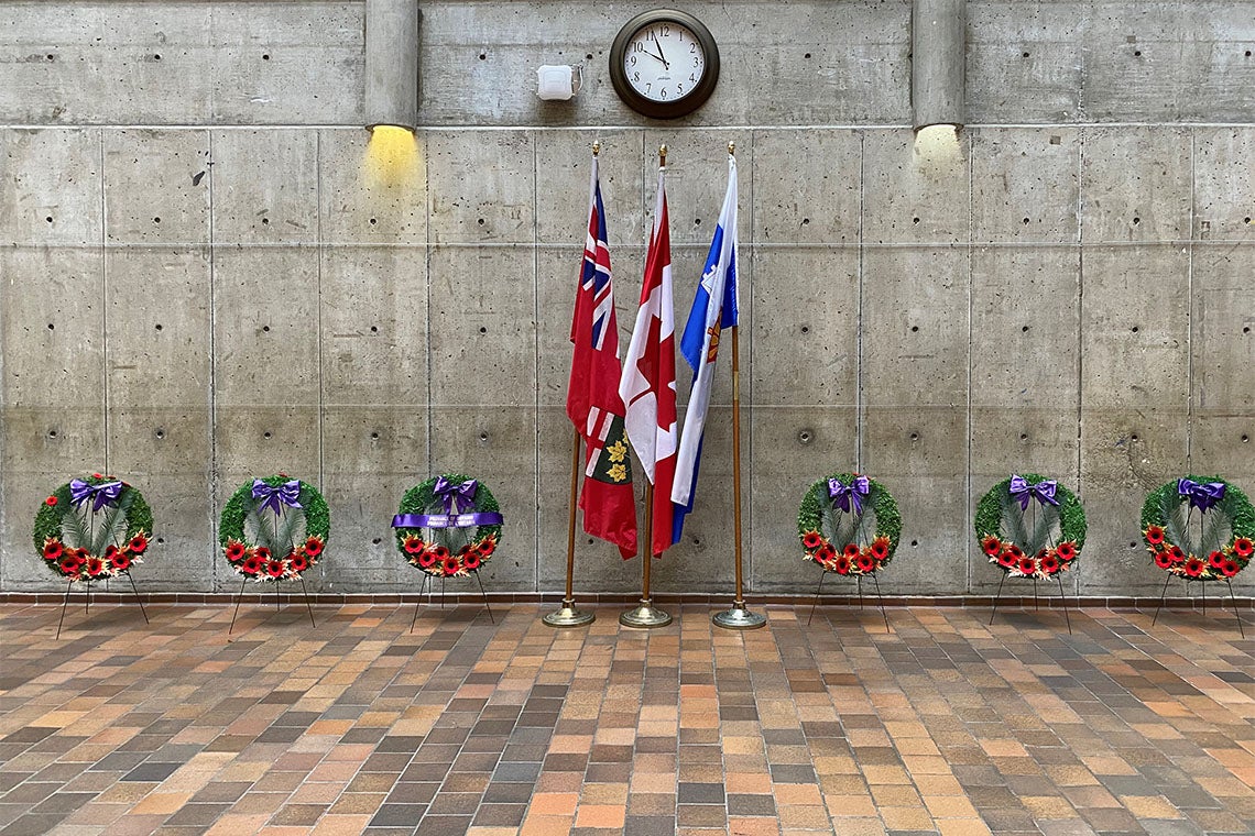 A wreath display in honour of the fallen at U of T Scarborough (photo courtesy of U of T Scarborough)