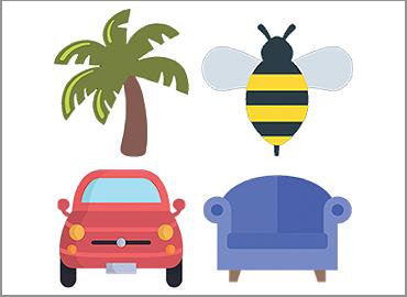 illustrations of a palm tree, bee, couch and car