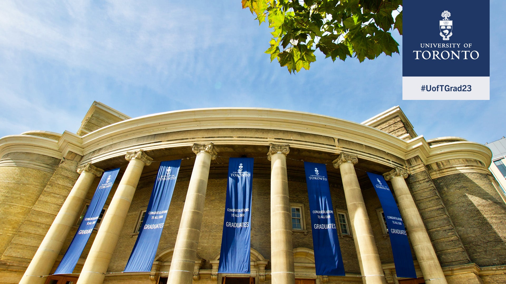 Exterior of convocation hall, with blue sky in the background