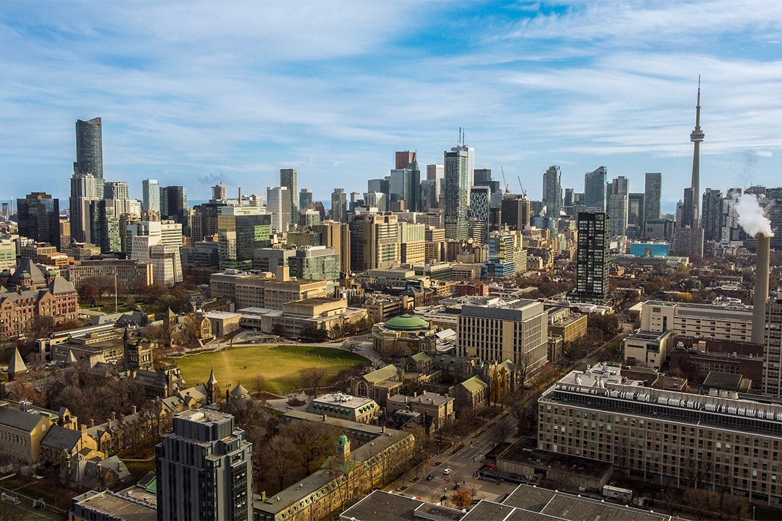 An aerial shot of downtown Toronto with U of T's St. George campus in the centre
