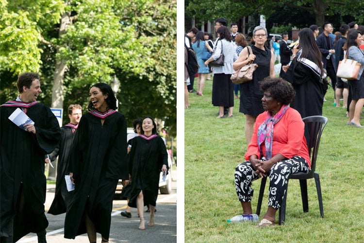 happy grads and sitting family member