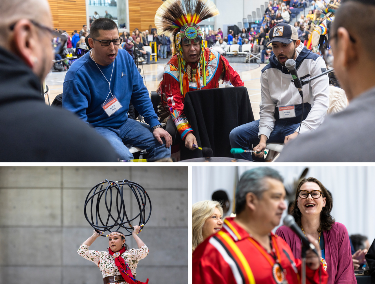 photo collage shows a drum circle, Vice-President & Principal, UTM Alexandra Gillespie and a female Indigenous ring dancer