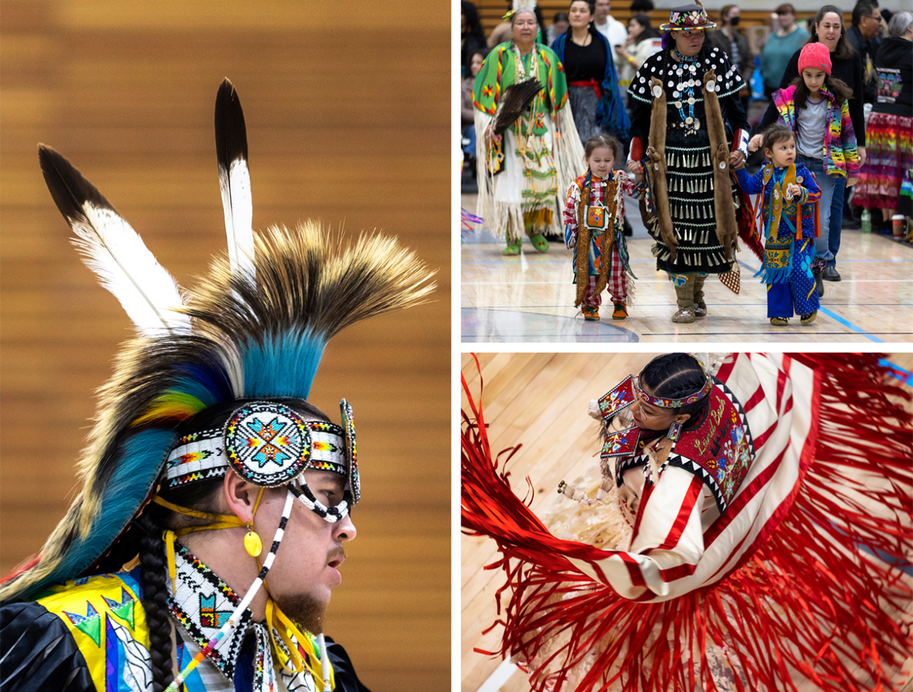 photo collage shows Indigenous man wearing beautiful headdress, a woman with two young children in tradiitonal clothing and an overhead view of a twirling Indigenous dancer
