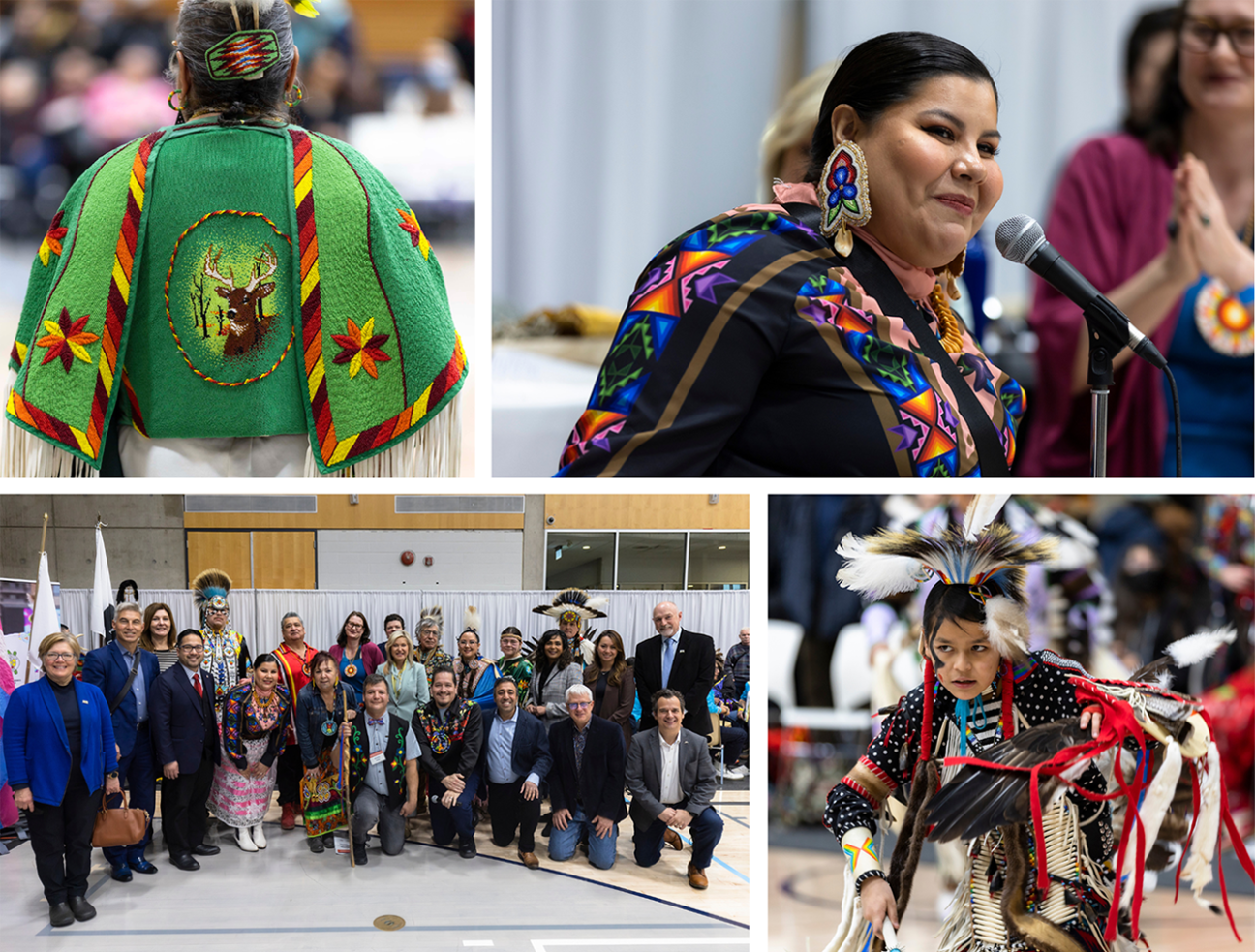 photo collage shows an Indigenous person wearing traditional clothing embroidered with a deer, Tee Duke Director, Indigenous Initiatives at University of Toronto Mississauga, a young child dancing at the powwow and a group photo of the organizers of the powwow
