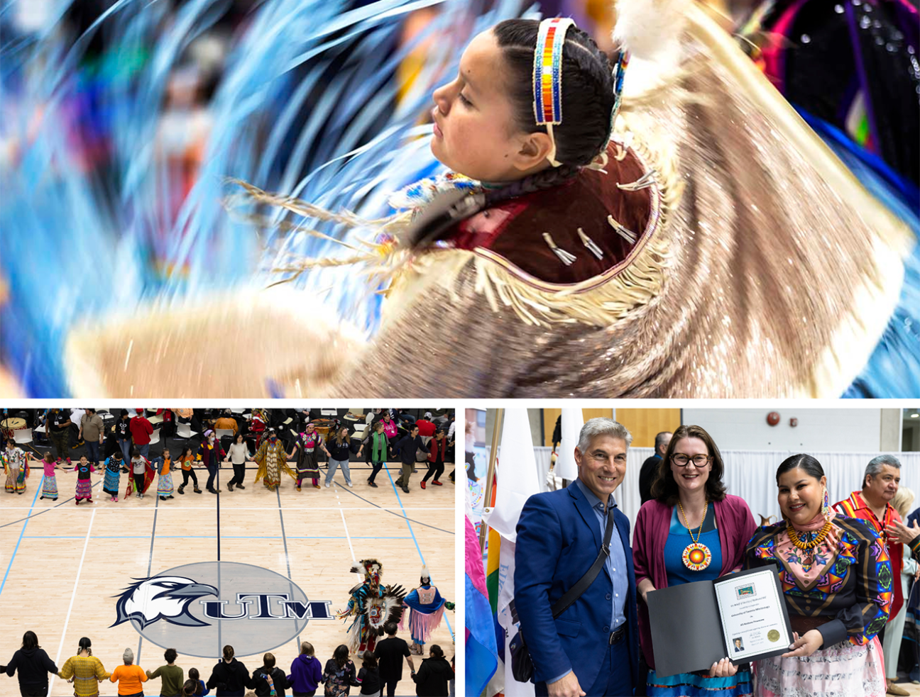 photo collage shows a spinning Indigenous dancer, Alexandra Gillespie and Tee Duke and a circle of dancers holding hands