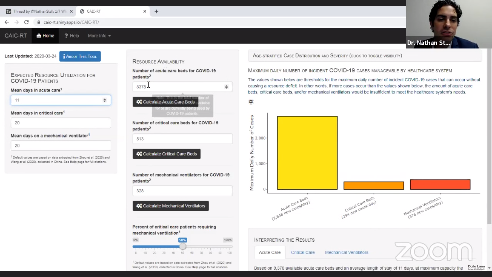 The resource availability tool co-developed by Nathan Stall lets users input a range of variables, including the number of acute care beds, critical care beds and mechanical ventilators available for COVID-19 patients (image via Dalla Lana School of Public Health livestream)