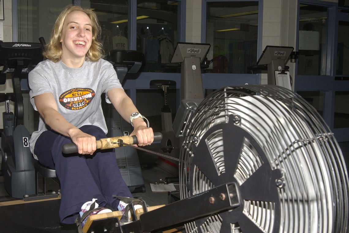 Kaley McLean uses a rowing machine at U of T 