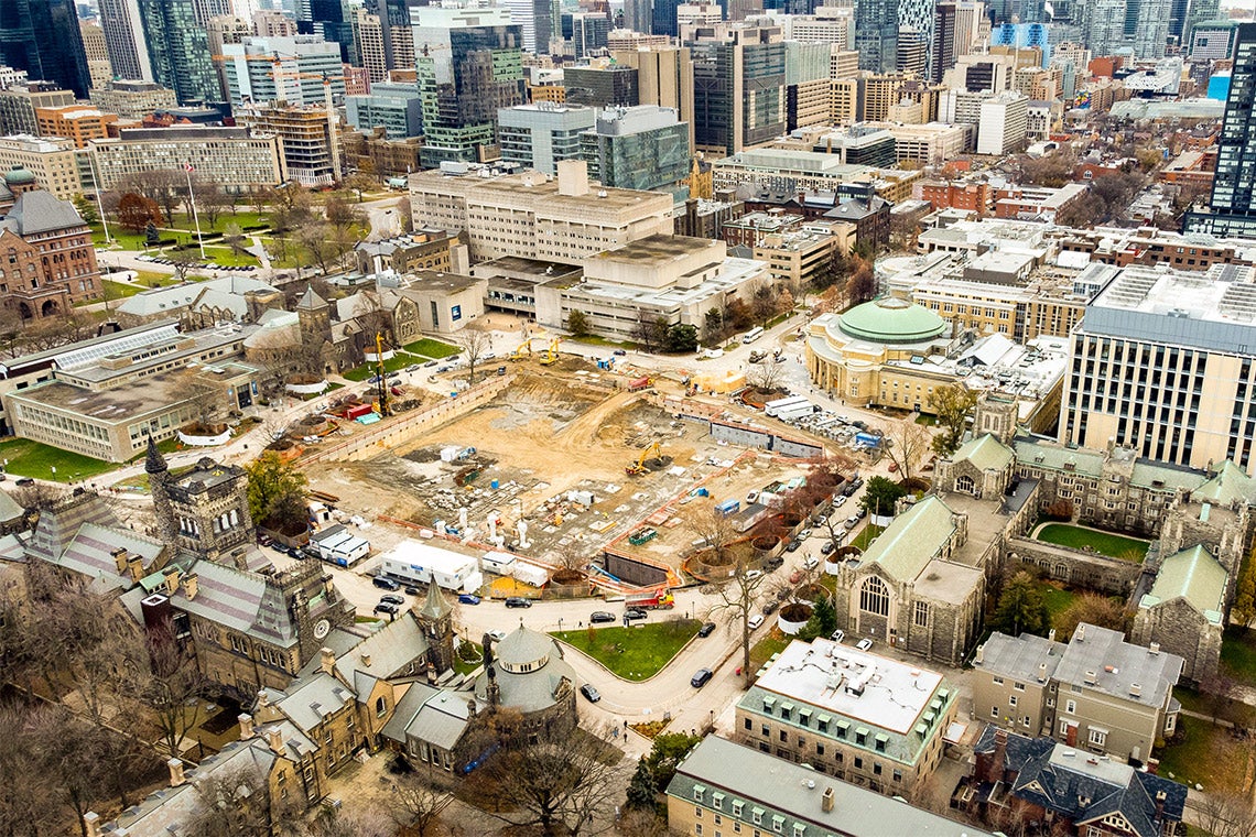 aerial view of the construction at front campus