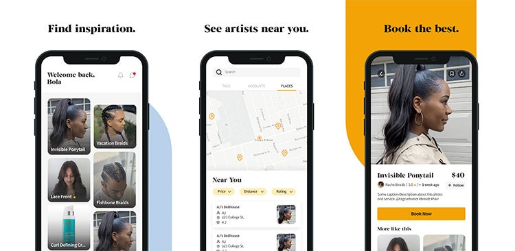 Three mobile phone screens showing Fyyne’s 3 services: find inspiration, see artists near you, and book the best.
