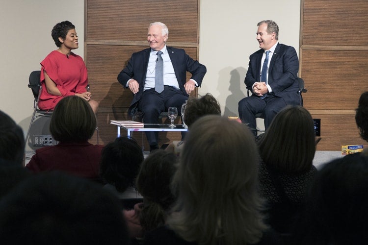 David Johnson (middle) and Tom Jenkins (right) speak with CTV news personality Marci Ien at the book launch of Ingenious. (Photo by Romi Levine)