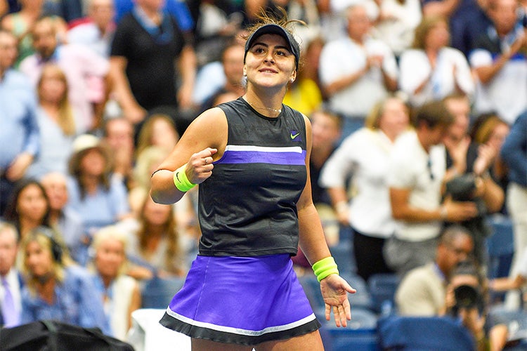 Bianca Andreescu looks toward her player box in celebration of winning the US Open Women's singles title on September 7, 2019, at the Billie Jean King Tennis Center in Flushing Meadow, NY