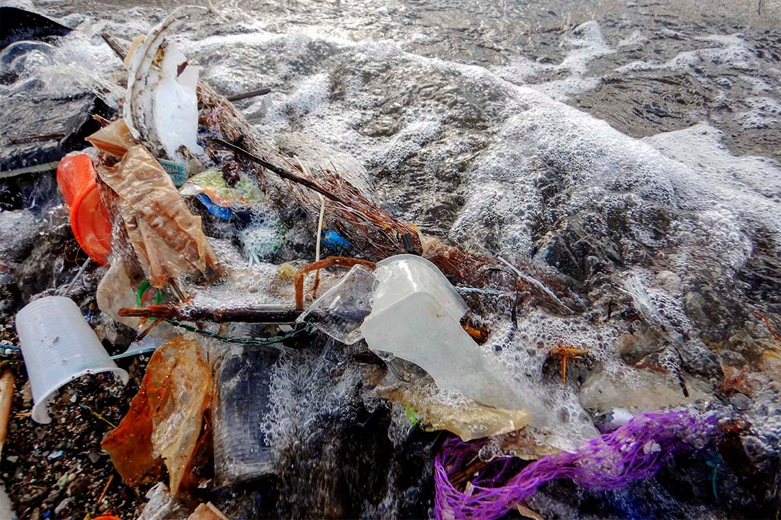 Plastic garbage washes up on shore
