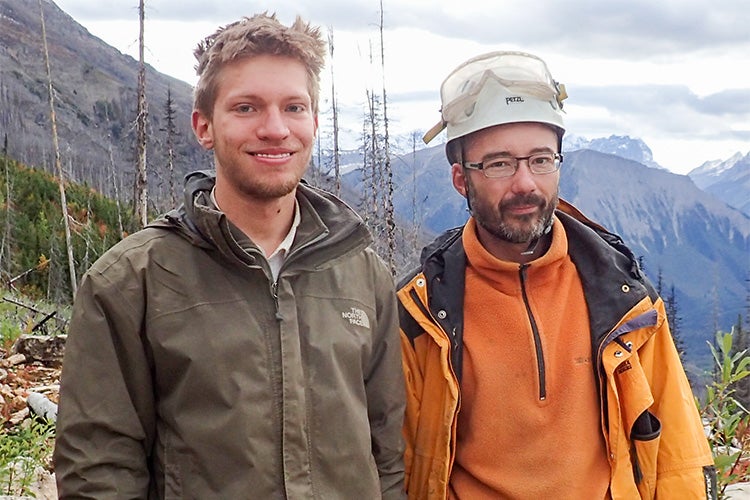 Researchers Joe Moysiuk (L) and Dr. Jean- Bernard Caron working at the Burgess Shale in Kootenay National Park (Photo courtesy of Joe Moysiuk)