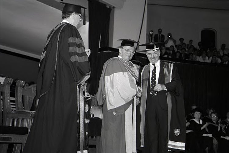 UTM Convocation (June 1994), Honorary degree recipient, Iggy Kaneff shakes hands with Principal Desmond Morton
