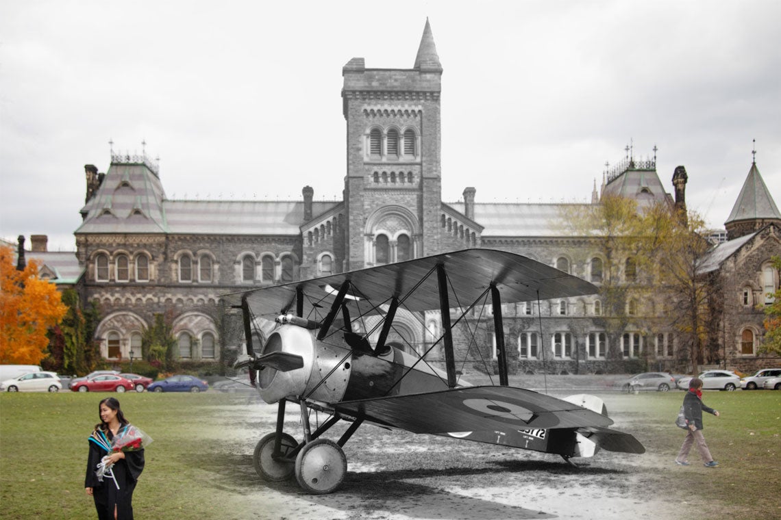 A composite image of University College in 2018 and in 1918