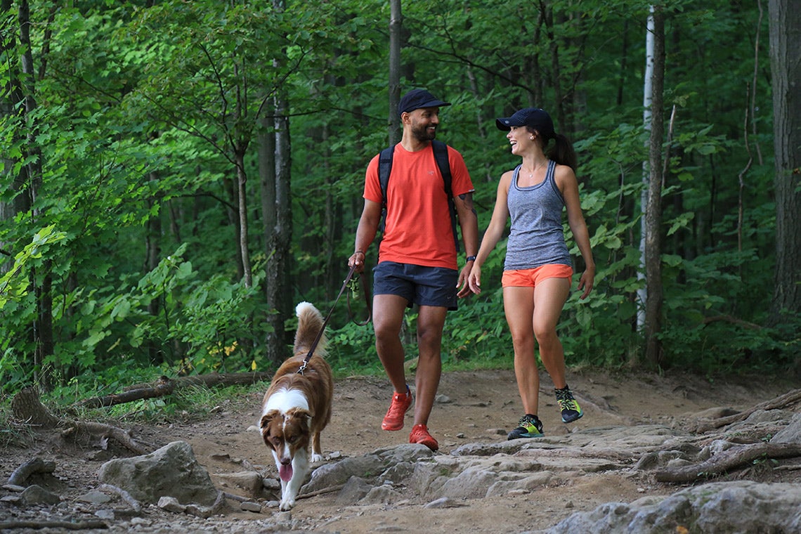 A mixed race couple walk a dog in a Halton region park