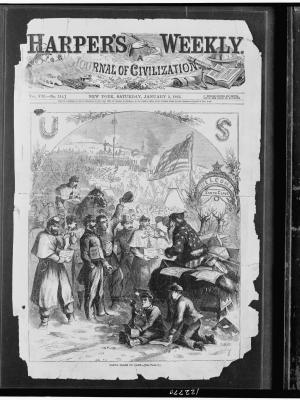 Front cover of Harper's Magazine edition from 1863 showing the first illustrated Santa Claus giving gifts to people.