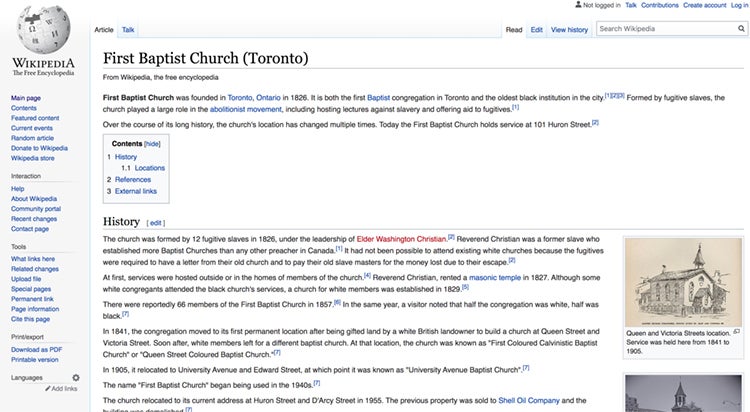 screenshot of the first baptist church wikipedia entry