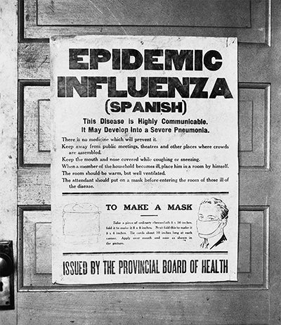 1918 poster from alberta warning people about the dangers of the flu and how to make a mask