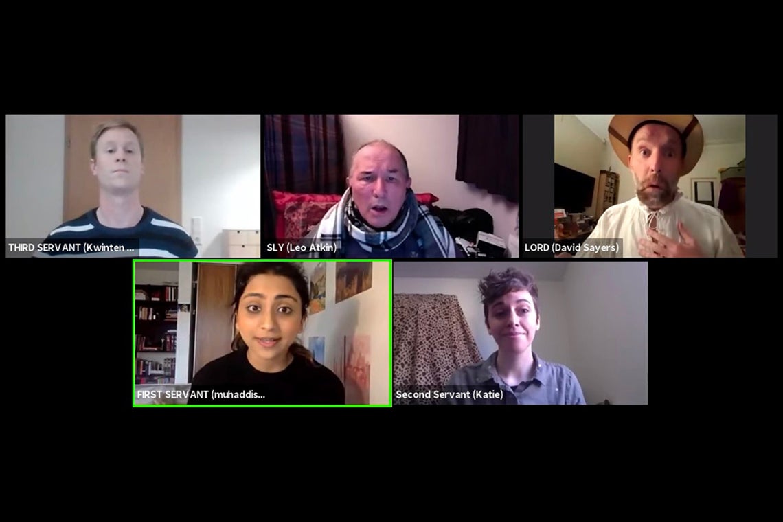 Muhaddisah Batool and four other participants in a zoom chat sing together, 